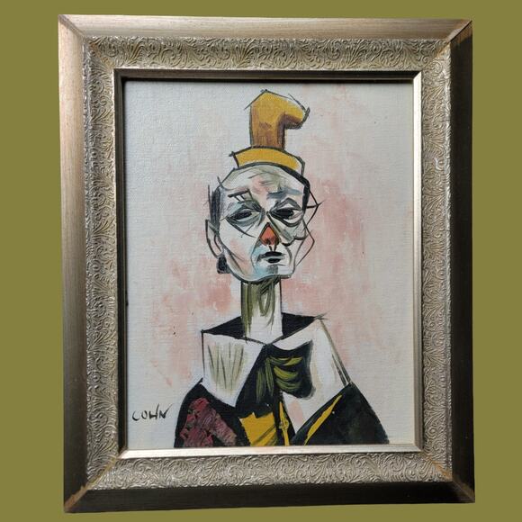 Vintage MCM 1962 Expressionist Clown with Tiny Gold Hat Portrait, Signed Cohn - Picture 1 of 6